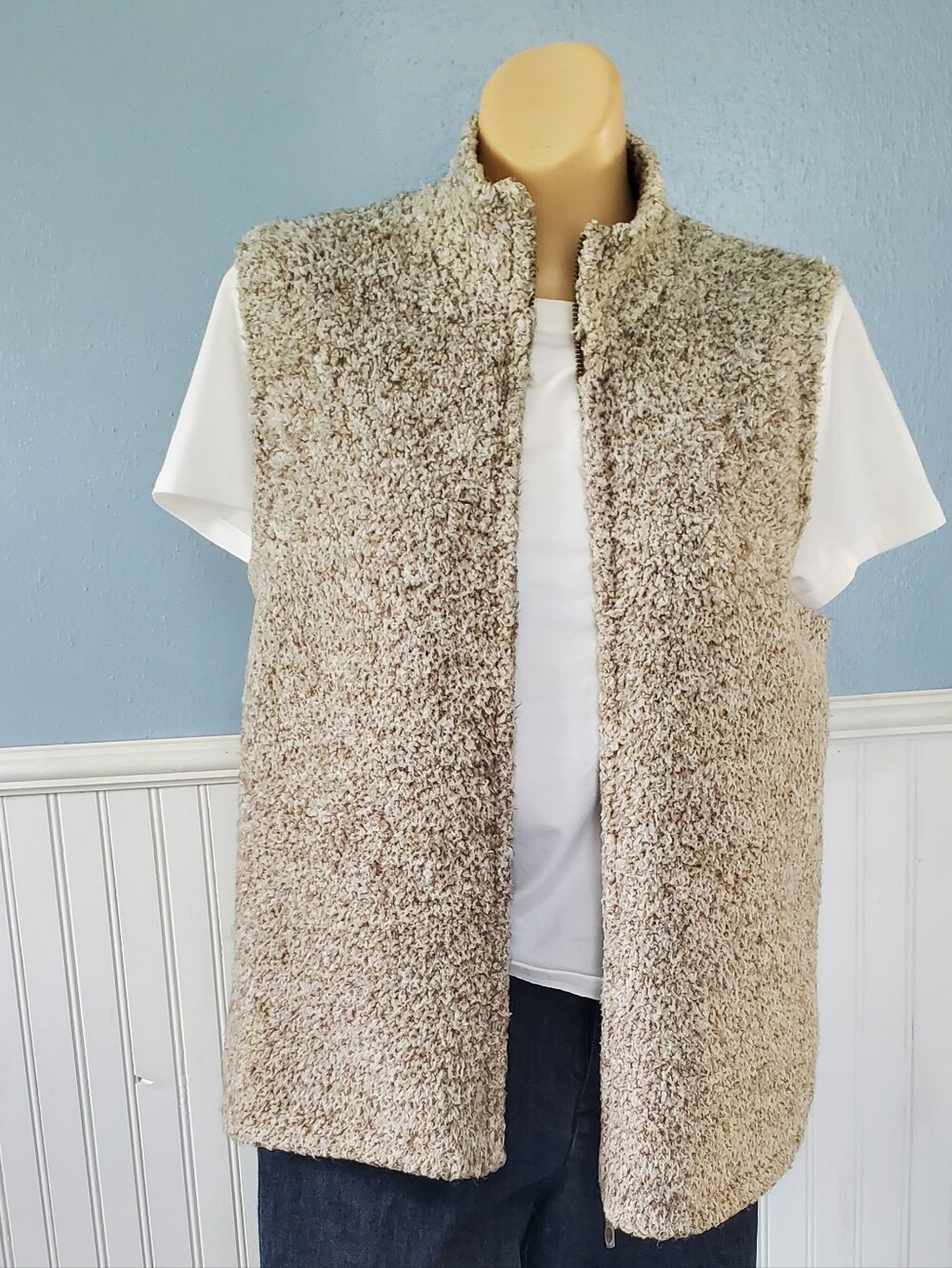 Christopher & Banks Sleeveless Fuzzy Zip Vest in Light Olive